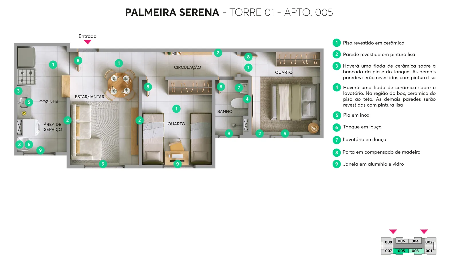 Planta humanizada Apto 005 · Térreo – Torre 01, Palmeira Serena