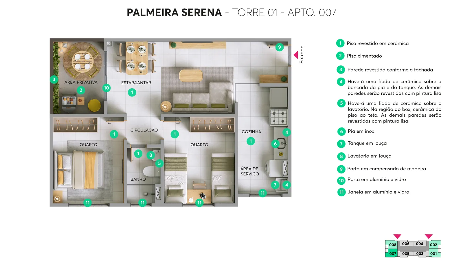 Planta humanizada Apto 007 · Área privativa – Torre 01, Palmeira Serena
