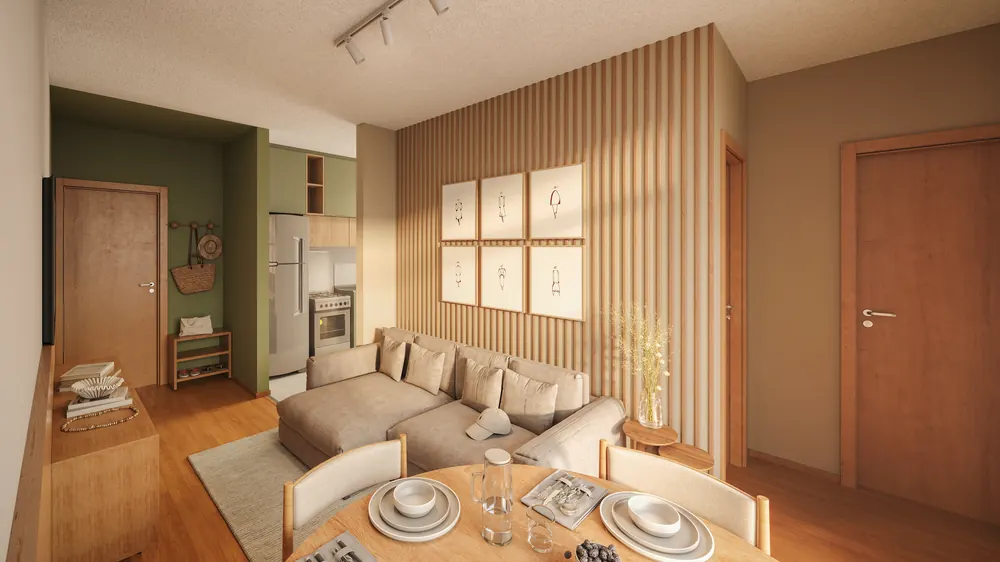 Sala e cozinha do apartamento decorado